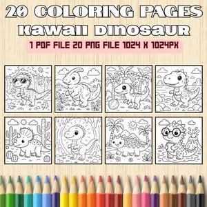 Kawaii Dinosaur Coloring Book | 20 Cute Prehistoric Pages for Kids | Printable PDF & PNG Instant Download