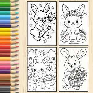 May include: Four black and white coloring pages featuring cute bunnies. The first bunny is holding a carrot, the second bunny is wearing a flower crown, the third bunny is surrounded by carrots, and the fourth bunny is holding a basket of flowers.