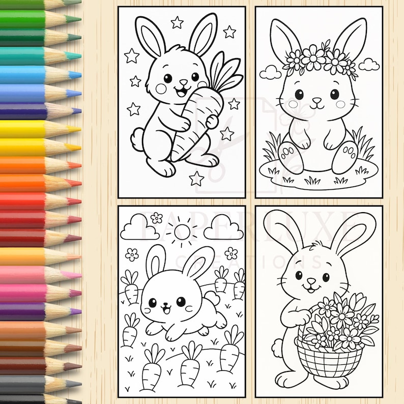 May include: Four black and white coloring pages featuring cute bunnies. The first bunny is holding a carrot, the second bunny is wearing a flower crown, the third bunny is surrounded by carrots, and the fourth bunny is holding a basket of flowers.