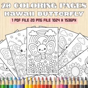 Könnte beinhalten: Eine Sammlung von Kawaii-Schmetterling-Malvorlagen in Schwarzweiß. Die Seiten zeigen niedliche Schmetterlingsillustrationen mit Blumen, Regenbogen und Sternen. Der Text oben lautet "20 COLORING PAGES Kawaii BUTTERFLY". Buntstifte sind unten.