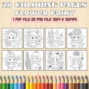 Flower Fairy Coloring Pages for Kids – 20 Printable PDF & PNG Files – Cute Fairy Coloring Book – Digital Download – Kawaii Fairy Art
