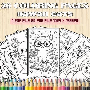 Kawaii Cat Coloring Pages | 20 Printable Digital Download | Cute Cat Art for Kids | Fun & Easy Coloring Sheets | Instant Download