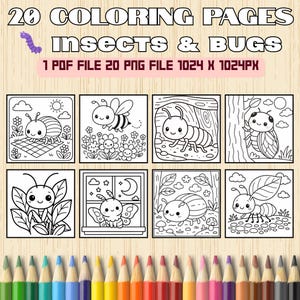 Insect & Bug Coloring Pages | 20 Cute Garden Bug Printables for Kids | PDF and PNG Set with Bees, Ants, Ladybugs | Instant Download