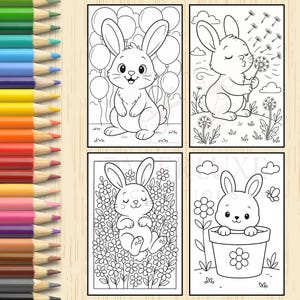 May include: Four black and white coloring pages featuring cute bunnies in different settings. One bunny is surrounded by balloons, another is blowing on a dandelion, a third is surrounded by flowers, and the last is sitting in a flower pot.