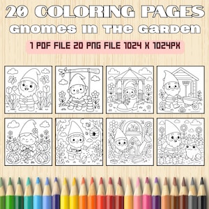 Gnome Garden Coloring Pages Vol. 2 | 20 Cute Garden Gnome Printables for Kids | Kawaii Activity Book PDF & PNG | Instant Download