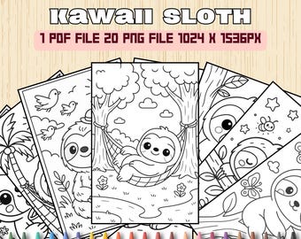 Kawaii Sloth Coloring Pages | 20 Printable Digital Download | Cute Sloth Art for Kids | Fun & Easy Coloring Sheets | Instant Download