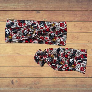 May include: Two headbands with a gray background and a repeating pattern of red roses, yellow flowers, and the Ghostface mask from the Scream movies. The text "DO YOU LIKE SCARY MOVIES?" is visible.