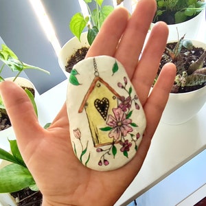 Birdhouse, floral rock, Acrylics handpainted, sealed resin rock, pretty collectable rock art, gift box