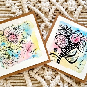 Tarjetas de agradecimiento, acuarela y tinta, tarjetas hechas a mano, tarjeta con sobre hecha a pluma y tinta, diseños originales, tarjetas en blanco con sobres