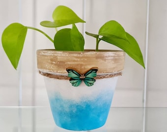 HandPainted Terracotta Pot,Sand and Sea, with wooden Butterfly Design (9 CMS) rope, planter pot, succulent pots, beach theme pot