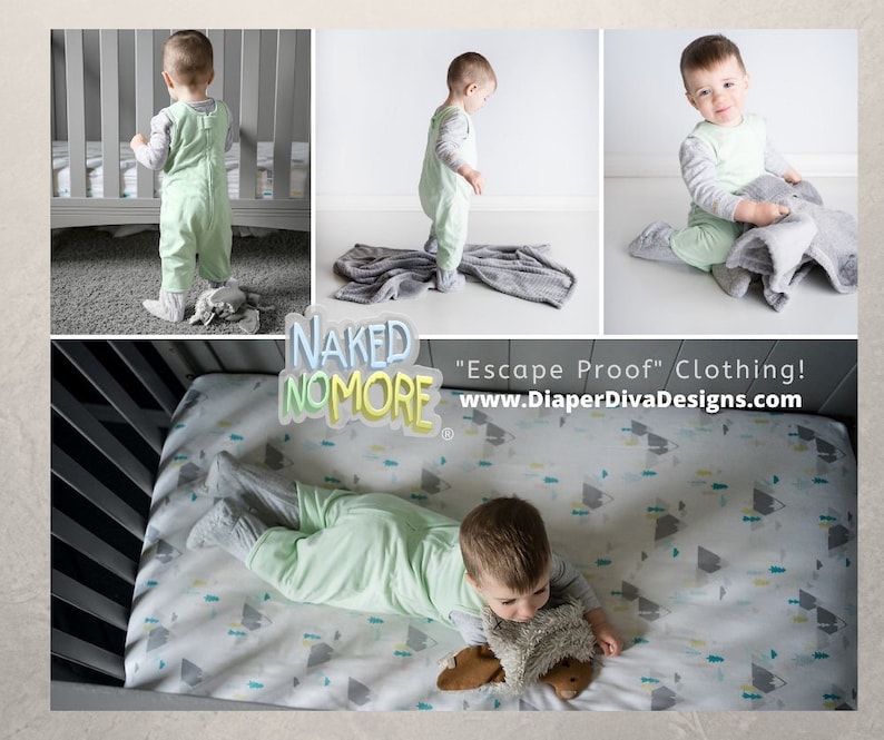 K&ouml;nnte beinhalten: Ein hellgr&uuml;ner &auml;rmelloser Strampler mit integrierten F&uuml;&szlig;lingen &uuml;ber einem grauen Langarmshirt. Der Text NAKED NO MORE Escape Proof Clothing und die Website DiaperDivaDesigns.com sind auf dem Bild mit einem Kind im Kinderbett zu sehen.