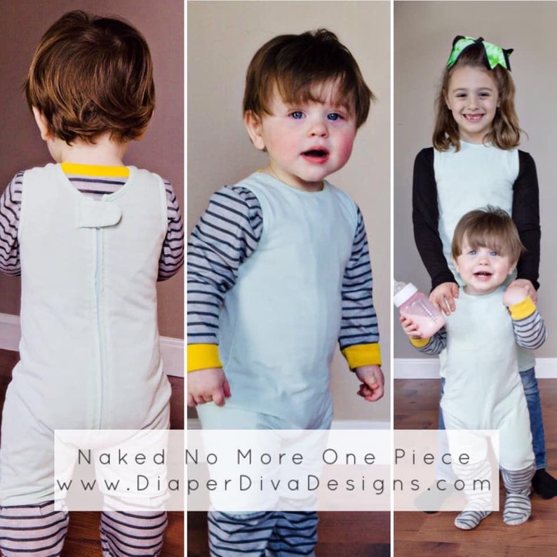 K&ouml;nnte beinhalten: Ein helles mintgr&uuml;nes Einteiler-Kleidungsst&uuml;ck mit langen &Auml;rmeln, grauen und schwarzen Querstreifen, gelben B&uuml;ndchen und einem R&uuml;ckenverschluss. Der Text Naked No More One Piece www.DiaperDivaDesigns.com ist &uuml;ber das Bild gelegt.