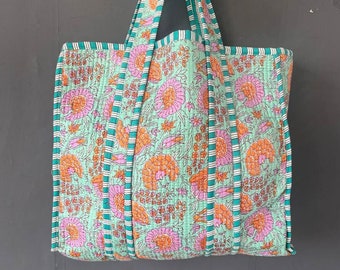 Pure Cotton hand block print cotton tote bag Shopping bag Floral Kantha Cotton bag Handmade bag