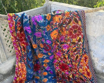 Handmade Cotton Throw Quilt Vintage Kantha Quilt Suzani Embroidery Suzani Quilt Wool Floral Embroidered Cotton Quilt Bed Cover