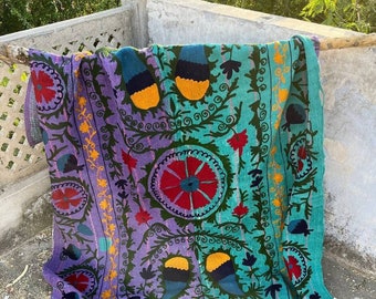 Twin Size Bedcover Embroidery Vintage Cotton Kantha Suzani Quilt Floral Quilt Boho Handmade Cotton Suzani Fabric