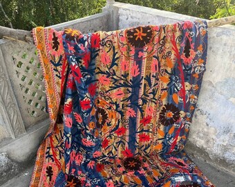 Beautiful Suzani Hand Embroidered Quilt Indian Handmade Cotton Quilt Vintage Suzani Throw Blanket Multi Color Suzani Bedcover Kantha Quilt