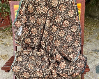 Vintage Kantha Steppdecke, handgenähter Bagru-Druck, indische Ralli-Steppdecke, handgefertigte Kantha-Tagesdecke, wendbare Überwurfdecke, Baumwollsteppdecke