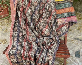 Ancienne couette Kantha antique du Bengale, naturel, main, bloc, impression, literie, couette, indien, coton, couvre-lit, pour, décoration intérieure, cadeaux