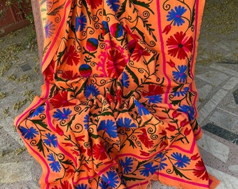 Orange Hand Embroidered Suzani Quilt, Colourful Suzani Bedcover, Decorative Suzani Wall Tapestry, Gift For Her