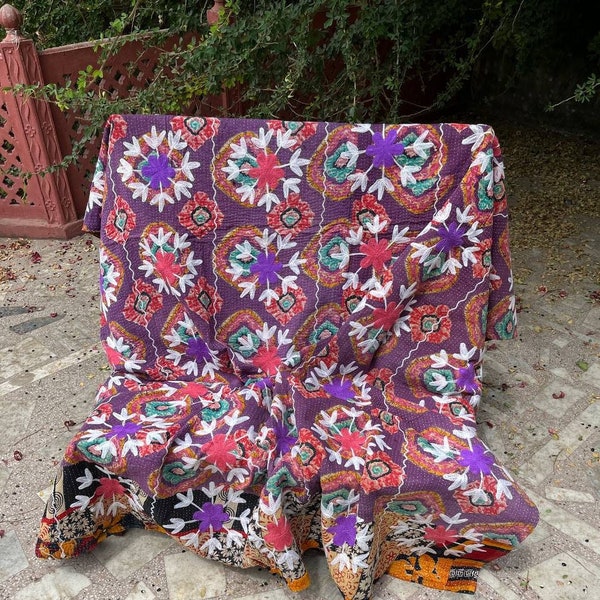 Bohemian kantha Blanket Vintage Kantha Quilt Suzani Handmade Embroidered Cotton Throw Quilt Bedding Reversible Kantha Throw