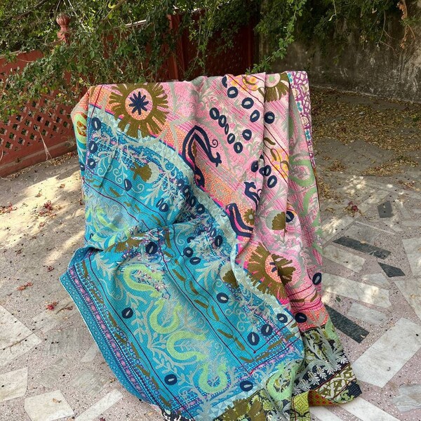 Indian Vintage Cotton Kantha Quilts Patchwork Blanket Throw Embroidered kantha Quilts Handmade Kantha Quilt Bedding Reversible Kantha Throw