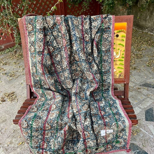 Block Printed Kantha Quilt, handmade vintage quilt, organic cotton quilt, antique kantha bedspread, new year gift