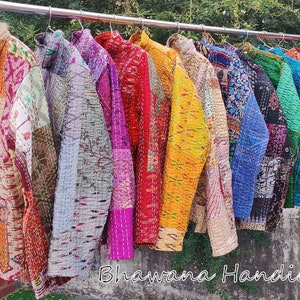 Handmade Patchwork Jacket, Hand Stitched Silk Patchwork Jacket, Silk Sari Kantha Coat, Short Jacket