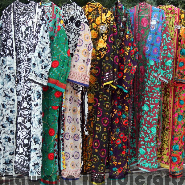 Wholesale Phulkari , Designer Hand Embroidered Kimono-Boho fashion long jacket, embroidered kimono, Phulkari long kimono jacket-Cover up-