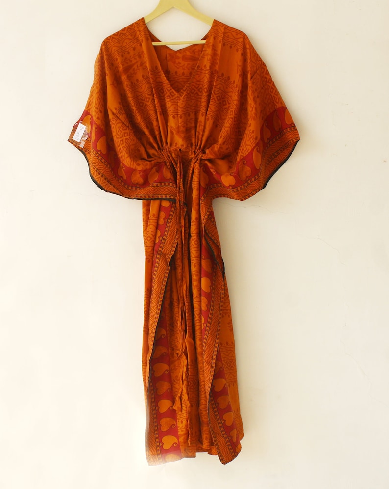 Indian Vintage Silk Sari Kaftan Floral Print SIlk Bathrobe Handmade Long Women/'S Night Wear Gown