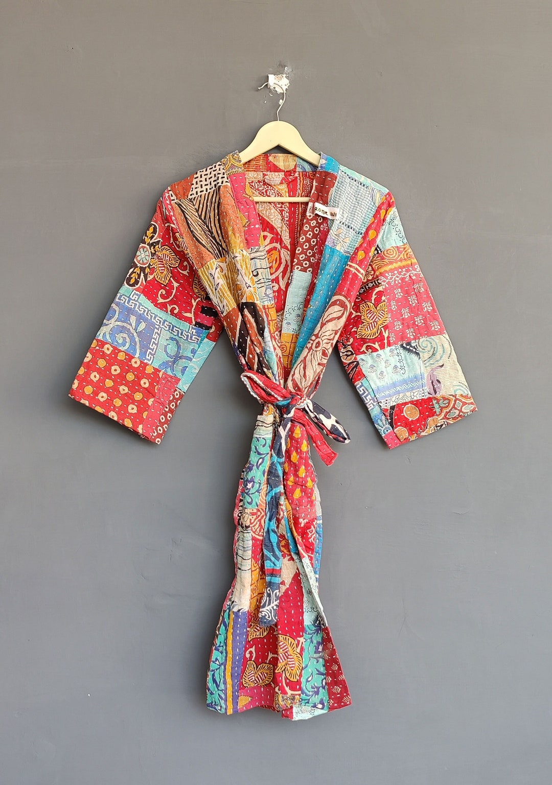 Handmade Jaipuri Print Patch Cotton Kantha Coat, Jacket Japanese Kimono