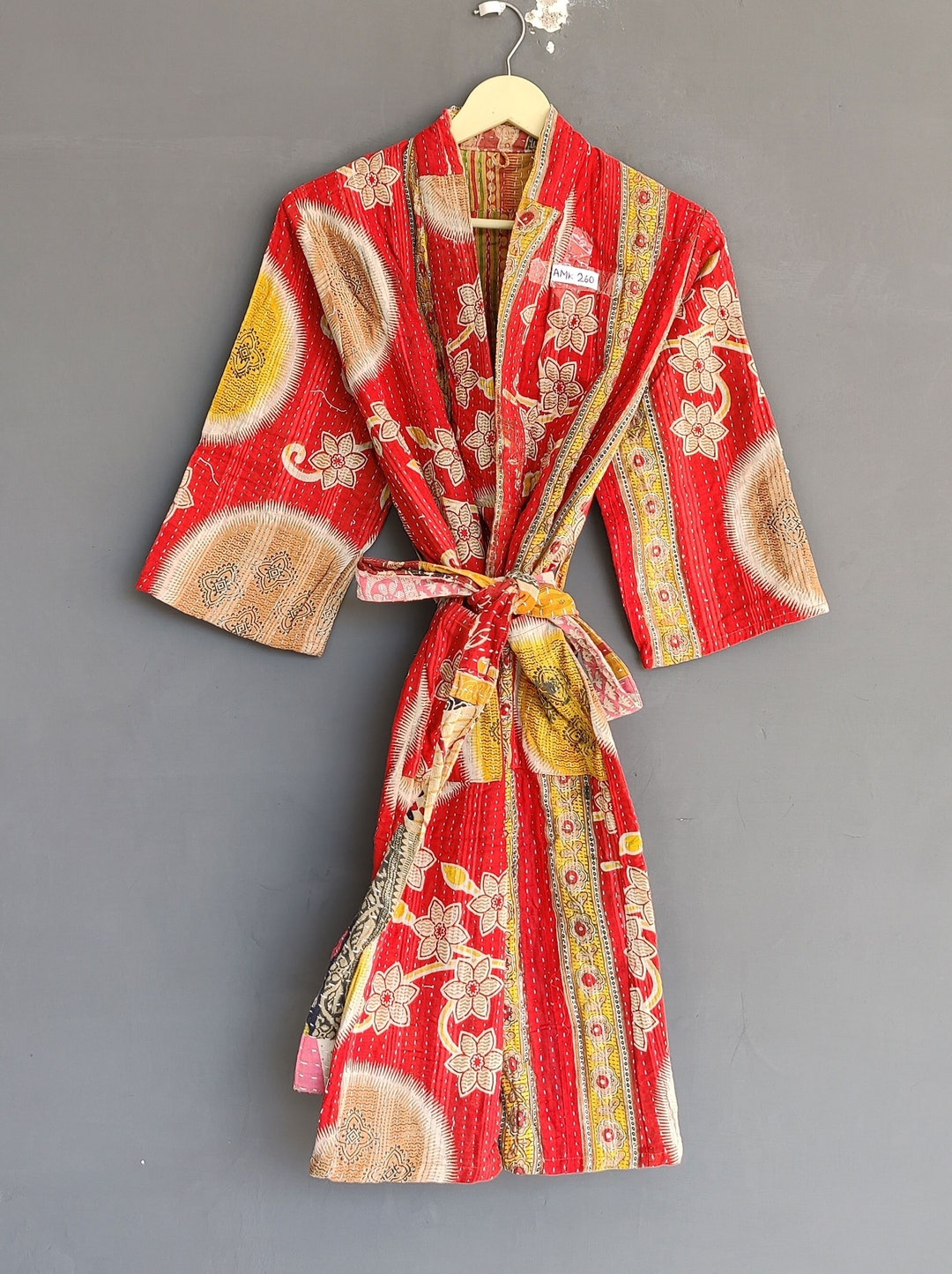 Quilted Kantha Kimono, Cotton Kimono Robe, Floral Print Kimono