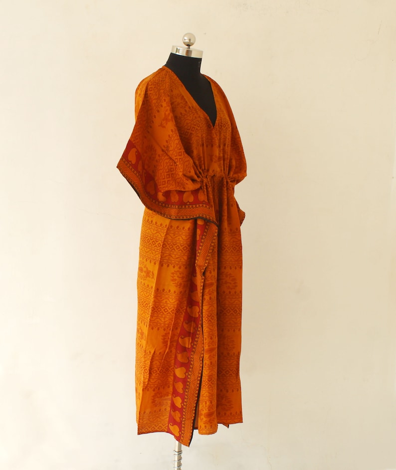 Indian Vintage Silk Sari Kaftan Floral Print SIlk Bathrobe Handmade Long Women/'S Night Wear Gown