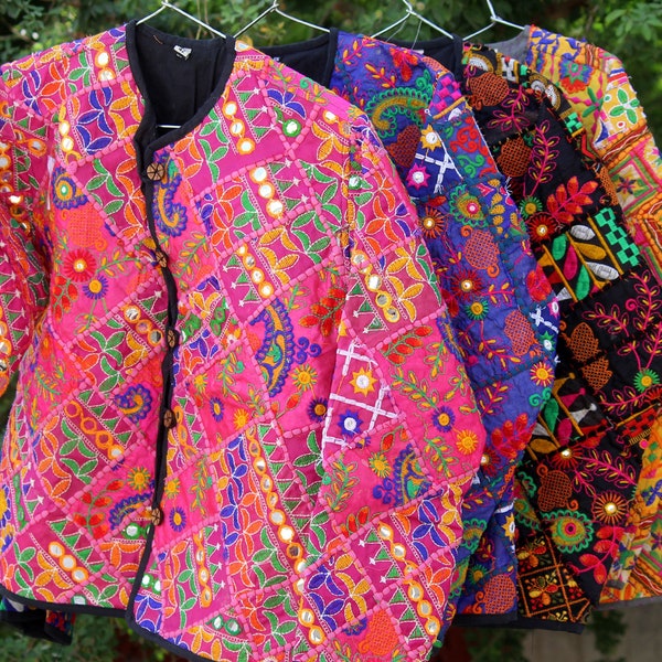 Hand Stitched Cotton Patchwork Jacket, Cotton Sari Kantha Coat, Short Jacket, kutchi work jacket