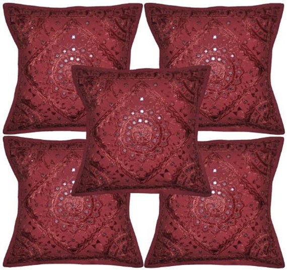 Ethnic Pillow Case Throw Art Deco Embroidered Cotton Maroon Indian Cushion Cover Ethnic Pillow Case Throw Art Deco Embroidered Cotton Maroon Indian Cushion Cover