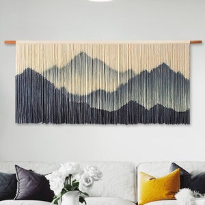 Mountain Lace Wall Hanging Hand Painted Wall Large Wall Hanging Boho Lace Hanging Art 100% Cotton Rope Wall Hanging with Wood Tip