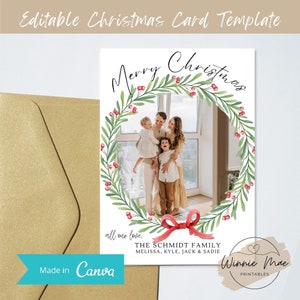 Editable Christmas Card Template for Canva, Personalized 5x7 Holiday Photo Card