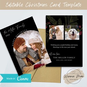 Canva 用の編集可能なクリスマス カード テンプレート、パーソナライズされた両面 5x7 ホリデー フォト カード