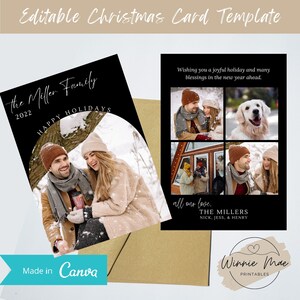 Canva 用の編集可能なクリスマス カード テンプレート、パーソナライズされた両面 5x7 ホリデー フォト カード