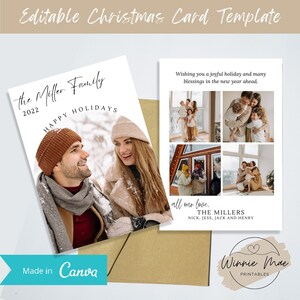 Canva 用の編集可能なクリスマス カード テンプレート、パーソナライズされた両面 5x7 ホリデー フォト カード