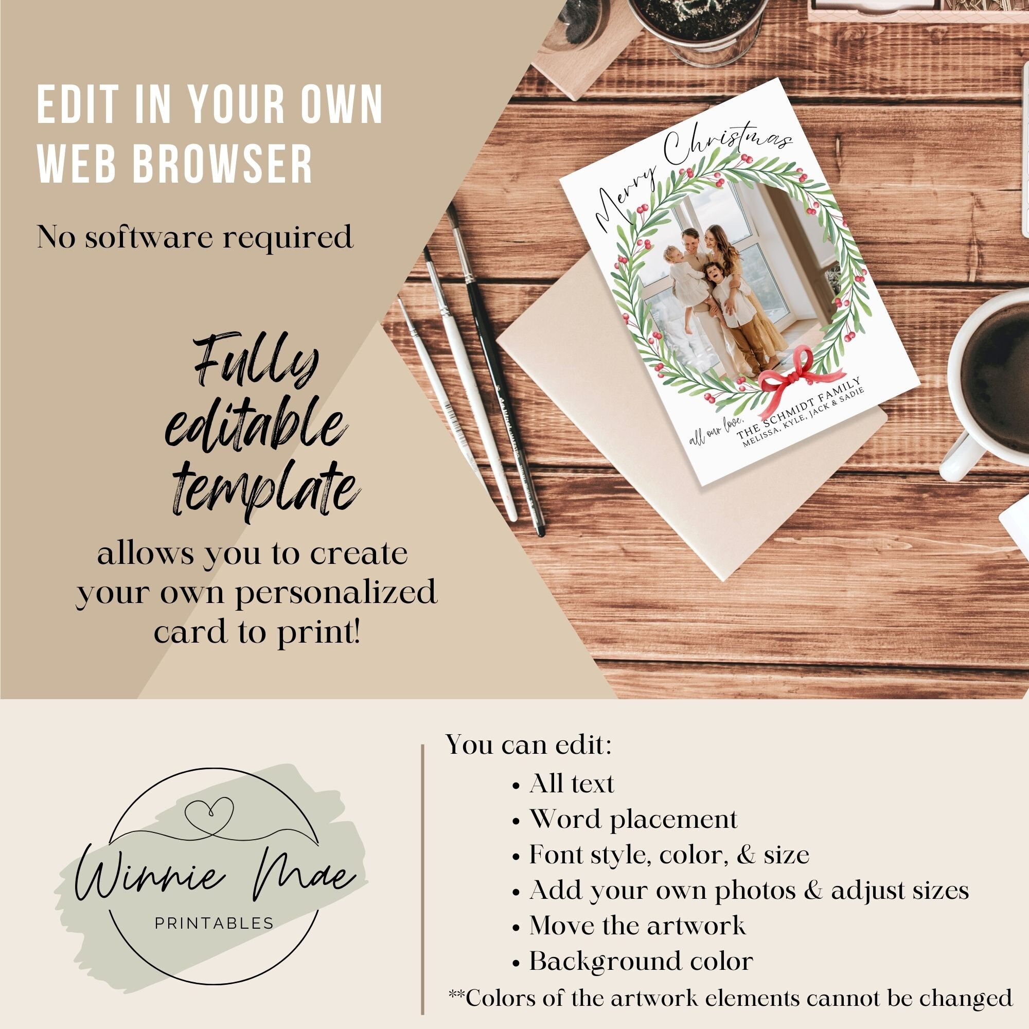 Editable Christmas Card Template for Canva, Personalized 5x7 Holiday ...
