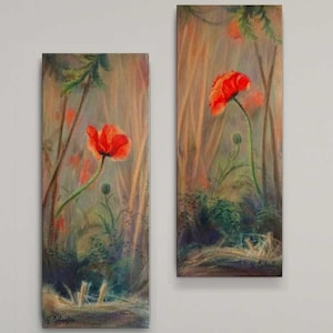 Poppies Meadow Painting Floral Original Art Poppy Artwork Flowers Landscape Wall Art on Canvas 8&quot; x 20&quot; / 20x50 cm by Galyna Schaefer