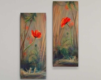 Original Poppy Meadow Oil Painting on Canvas (8"x20")