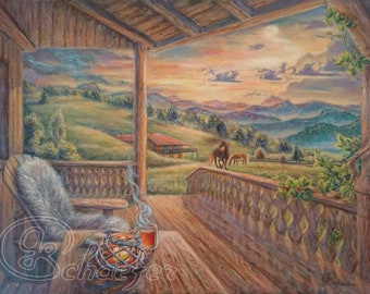 Pittura svizzera paesaggio arte originale Svizzera fienile terrazza fattoria montagne opera d'arte tela da parete 20" x 28" / 50x70 cm di Galyna Schaefer