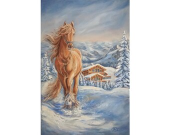 Horse Oil Painting: Swiss Winter Landscape, Original Impasto Art  16x24" / 40x60 cm