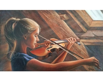 Violinist Oil Painting: Woman with Violin, Original Musician Artwork (24x39 in)