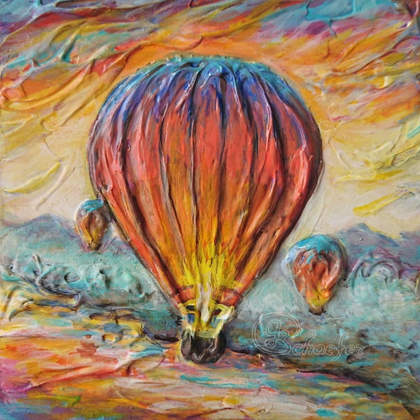 Heißluftballon Malerei Flug Original Kunst Impasto Landschafts Kunstwerk Luftballons Wand-Kunst auf Leinwand 15x15 cm von Galyna Schaefer