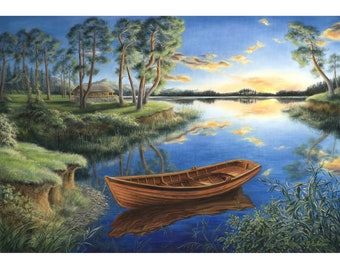 Original Boat Oil Painting, Lake Landscape Artwork 28x39"