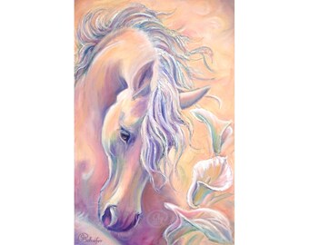 Impasto White Horse Painting with Callas - Original Oil Art 16x24" / 40x60 cm