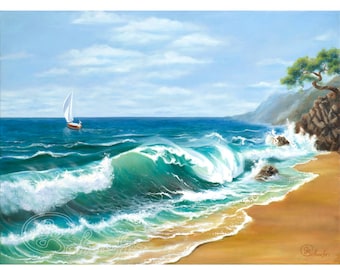 Impasto Seascape Painting: Beach Wave Original Oil Painting, 20x28" / 50x70 cm by Galyna Schaefer