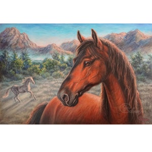 Horse Painting Wild Horse Original Art Mountains Artwork Oil Large Wall Art on Canvas 24&quot; x 35&quot; / 60 x 90 cm von Galyna Schaefer